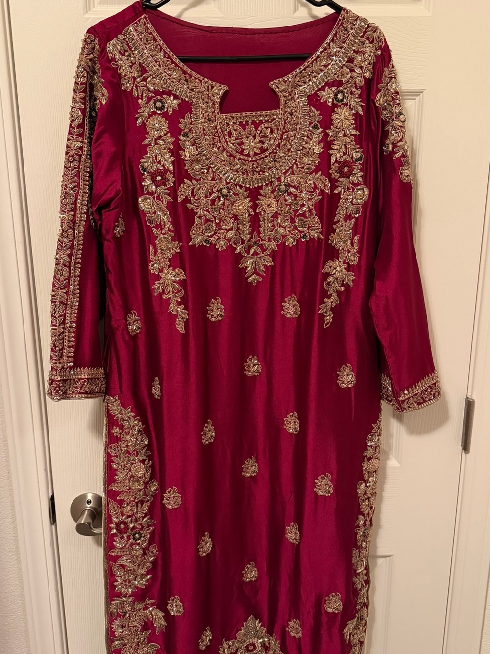 3 piecePakistani satin Embroidered Burgundy Formal Tunic Dress with Gold Accents